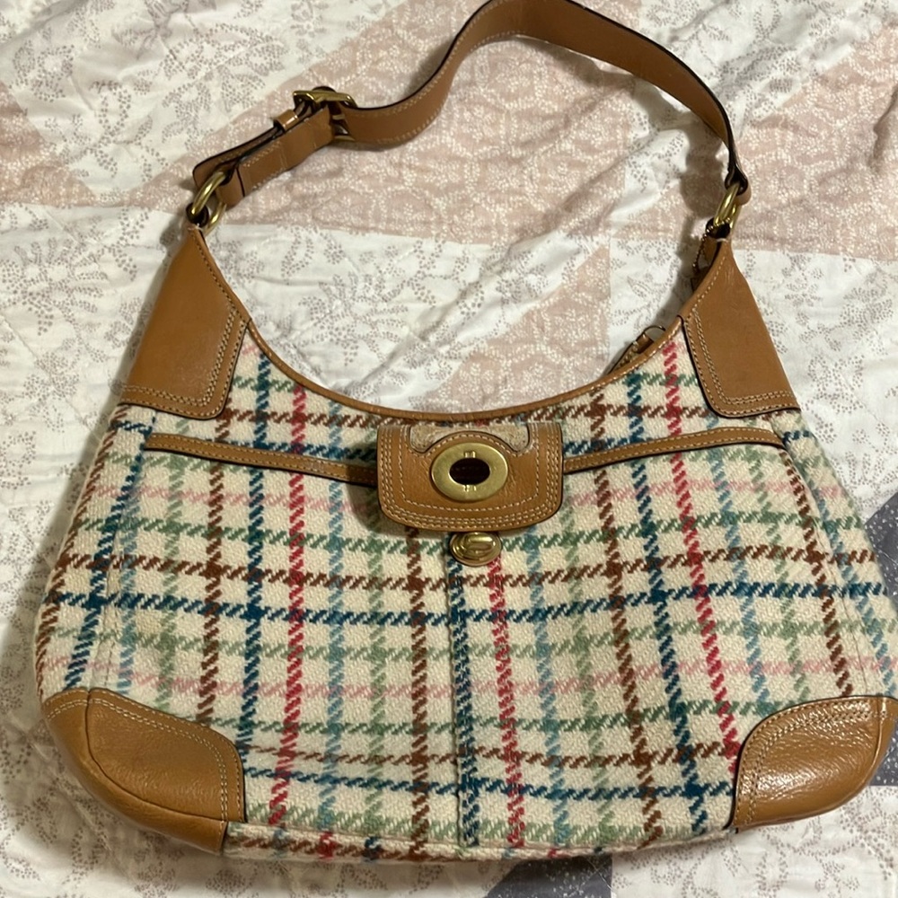 Coach Hamptons Tattersall Brown Shoulder Wool Hobo Bag